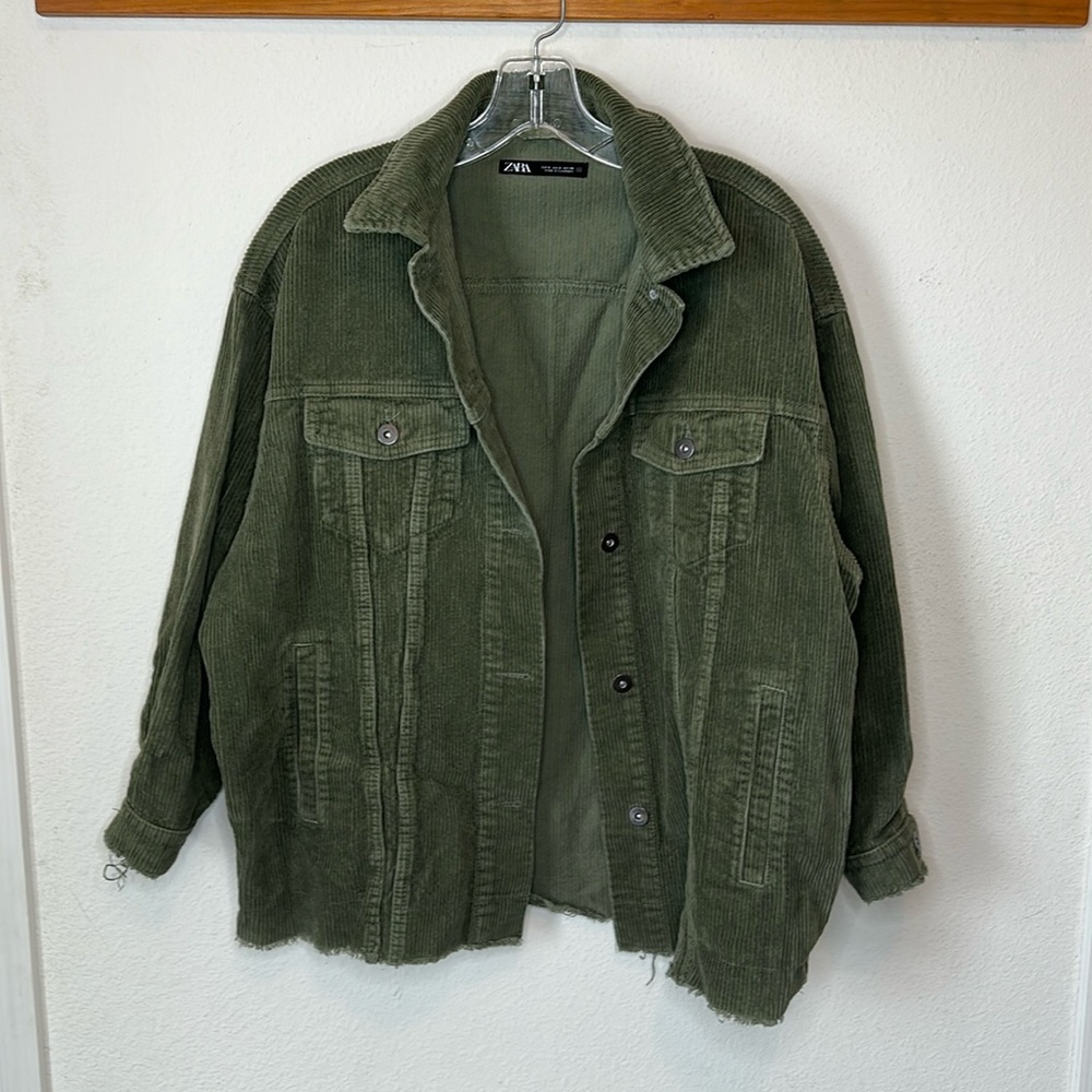 Zara, US size small, green corduroy shirt jacket.